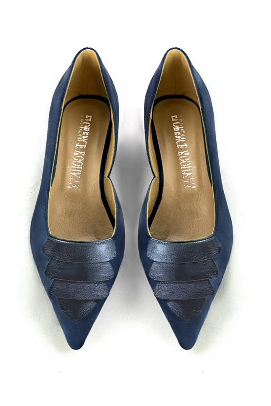 Women's navy blue and denim blue elegant open arch pumps. Pointed toe. Flat flare heels - Top view